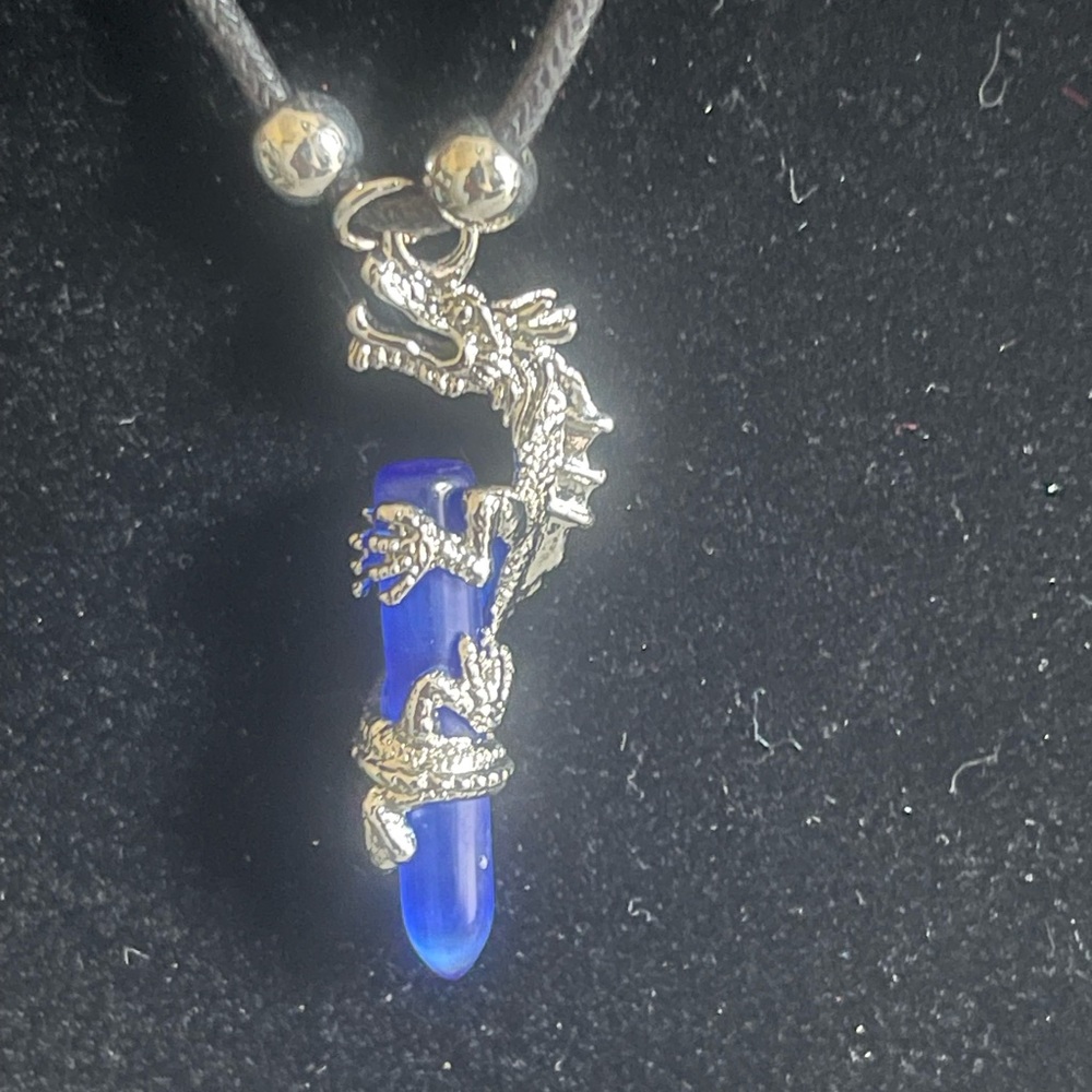 Silver Toned Dragon Blue Crystal Pendant Rope Necklace - Picture 2 of 8